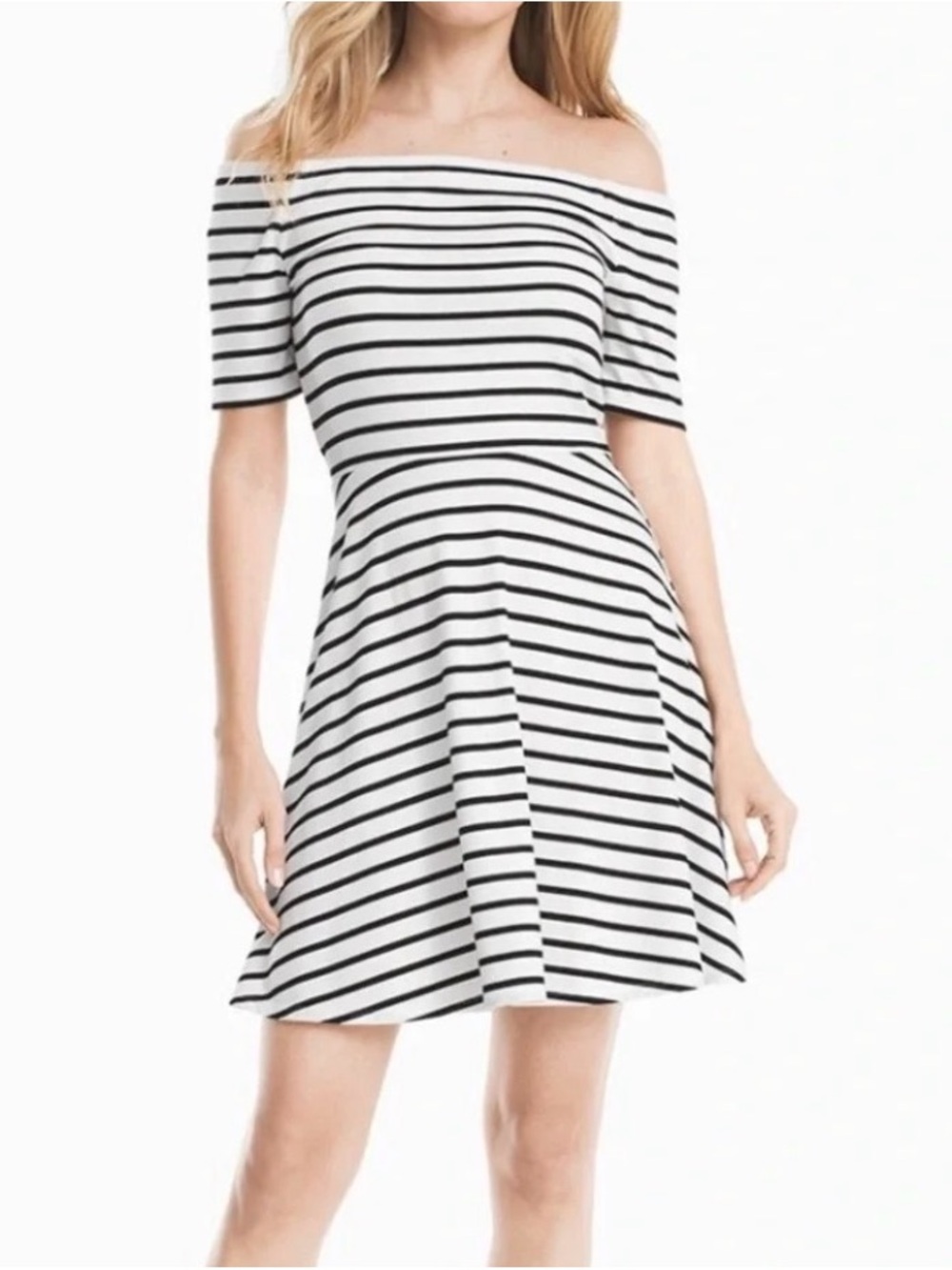 White House Black Market, Off-The-Shoulder Black & White Stripe Dress, Women’s M